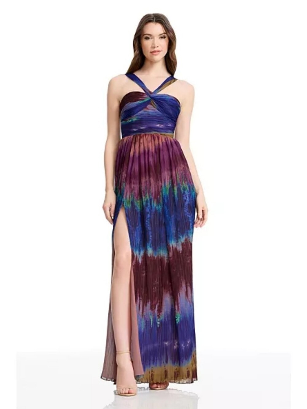 Title:Dress the Population NWT M Multicolor Tie Dye Pleated Maxi Dress $288 Boho